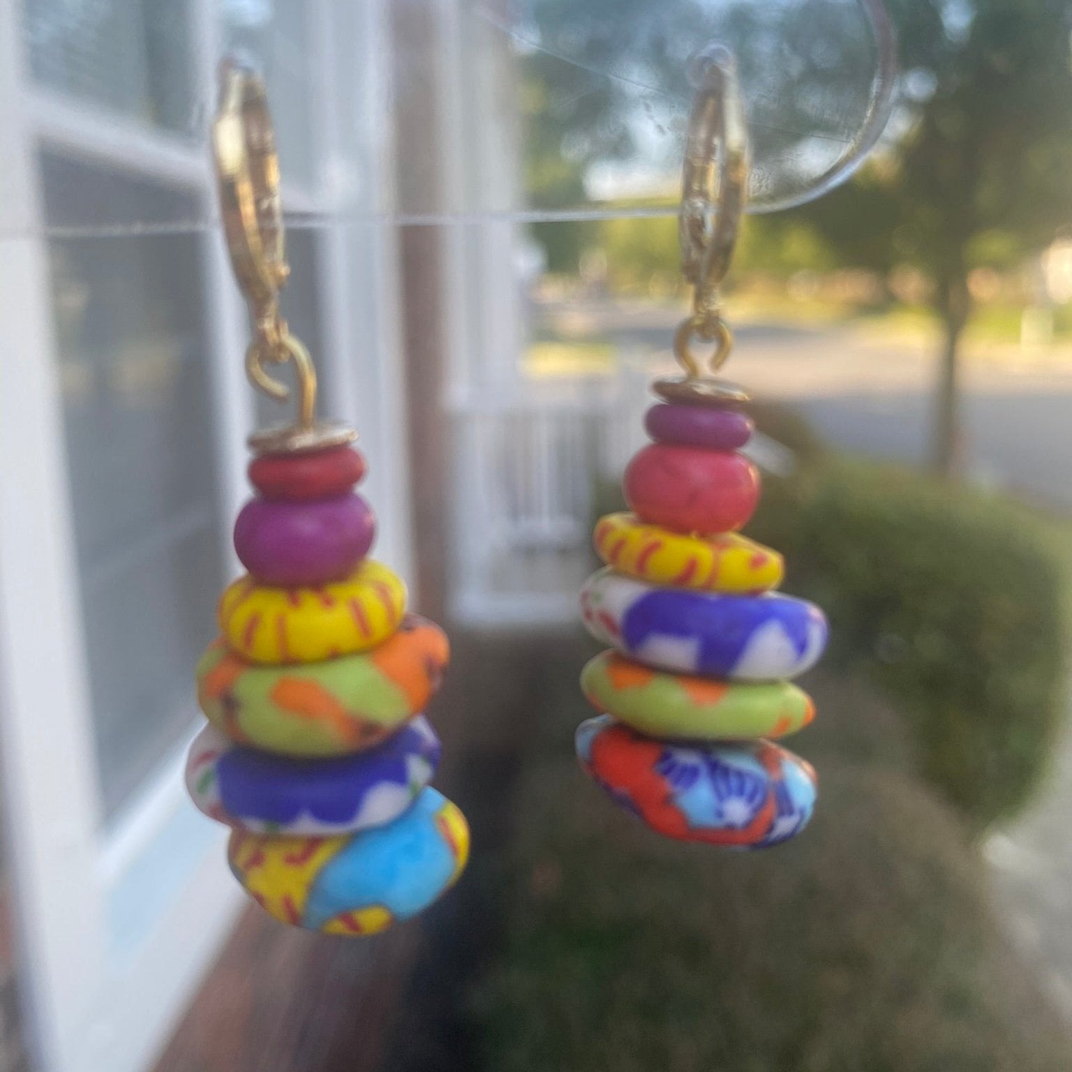 Carmen polymer clay earrings with vibrant color stacks from The Brush Stroke collection