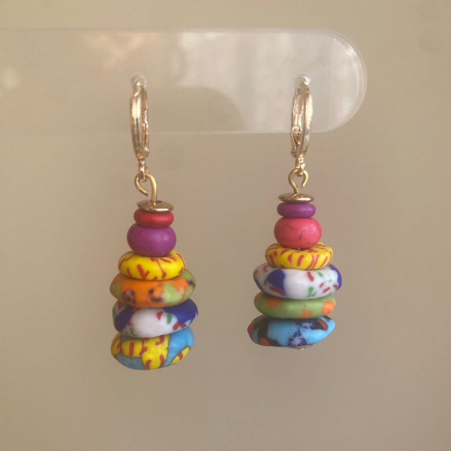 Carmen polymer clay earrings with vibrant color stacks from The Brush Stroke collection