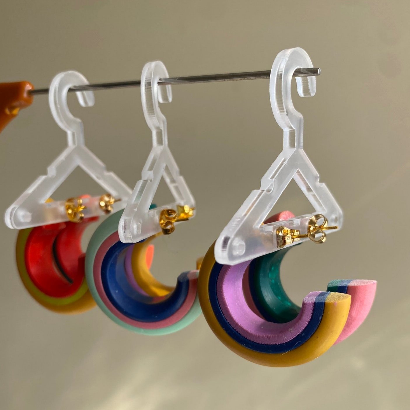 Closeup of Carson Triple Layer Polymer Hoop Earrings Showing Color Details