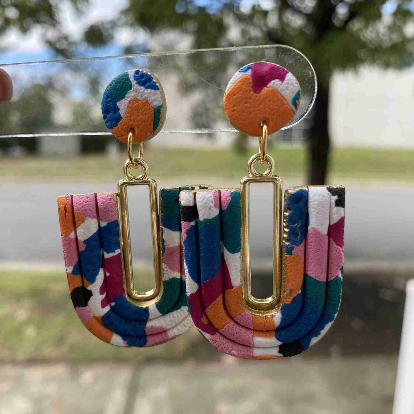 Color Pop U-Loop polymer clay earrings on card – handmade in Charlotte NC