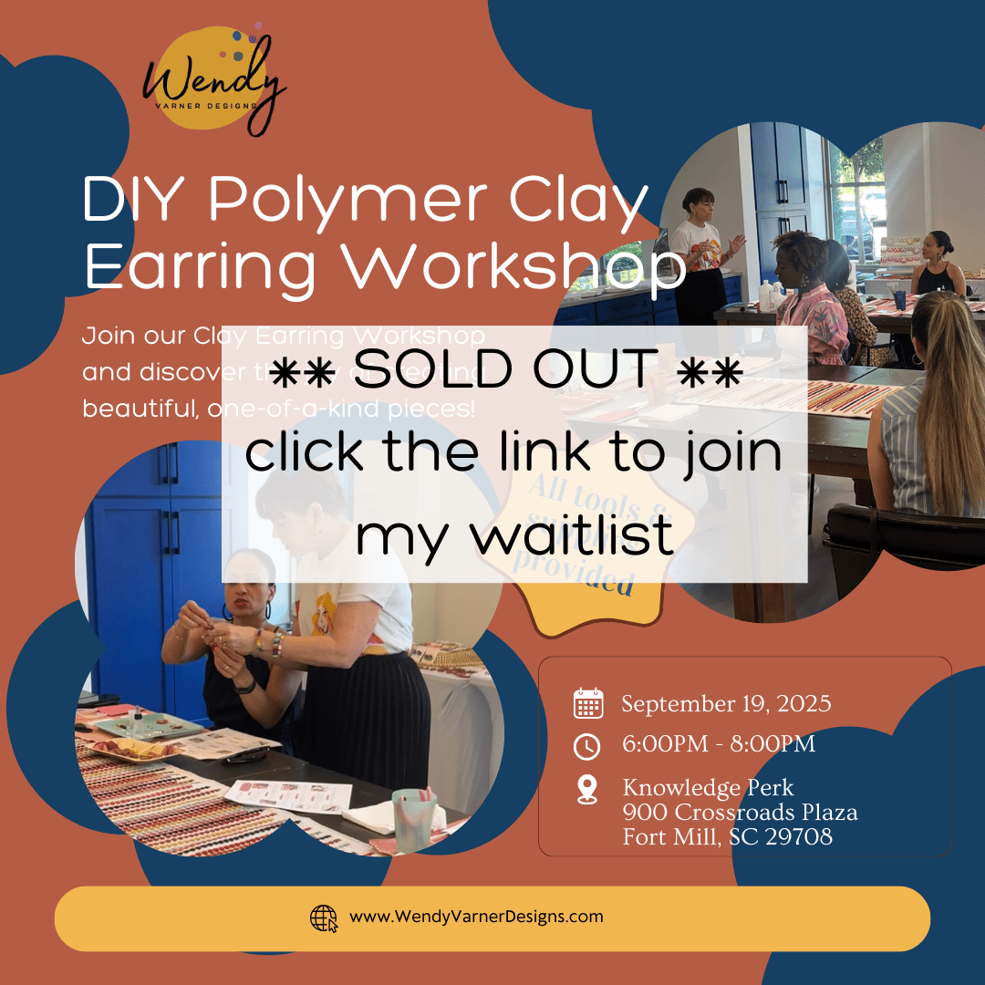 Attendees creating handmade polymer clay earrings during a DIY workshop at Knowledge Perk in Ft Mill South Carolina