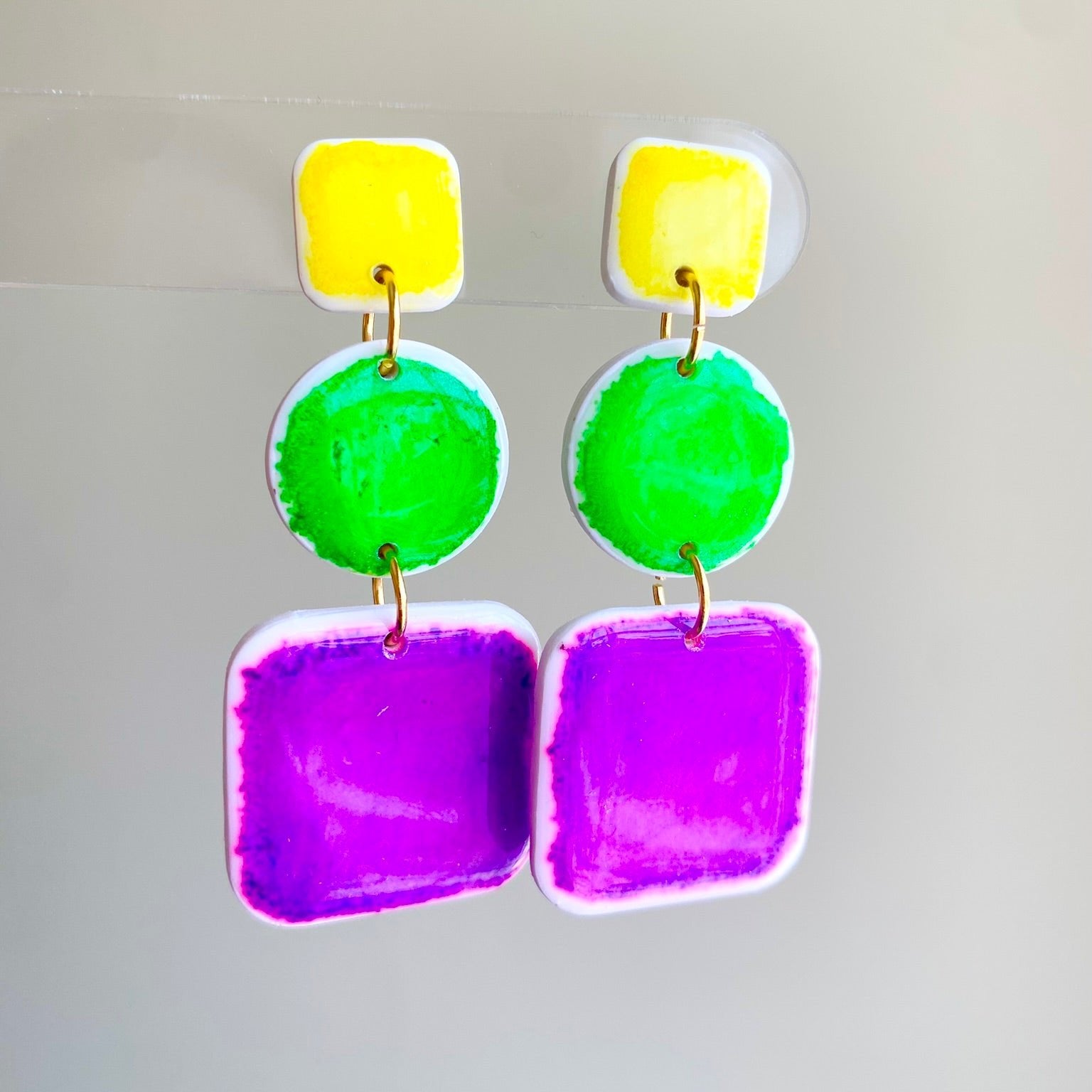 Drake polymer clay earrings with bold yellow, green, and purple brushstrokes from The Brush Stroke collection