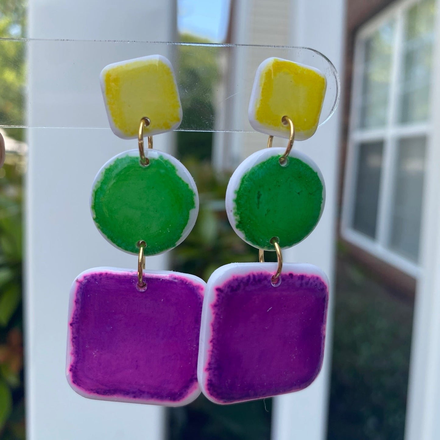 Drake polymer clay earrings with bold yellow, green, and purple brushstrokes from The Brush Stroke collection