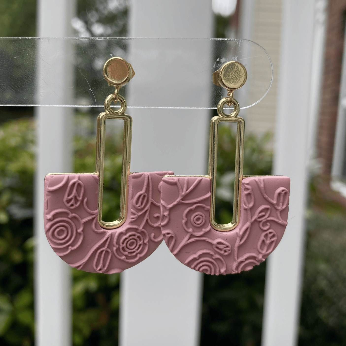 Pink textured half-moon polymer clay earrings with gold-tone rectangular accents, handmade in Charlotte NC
