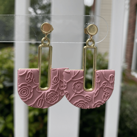 Pink textured half-moon polymer clay earrings with gold-tone rectangular accents, handmade in Charlotte NC