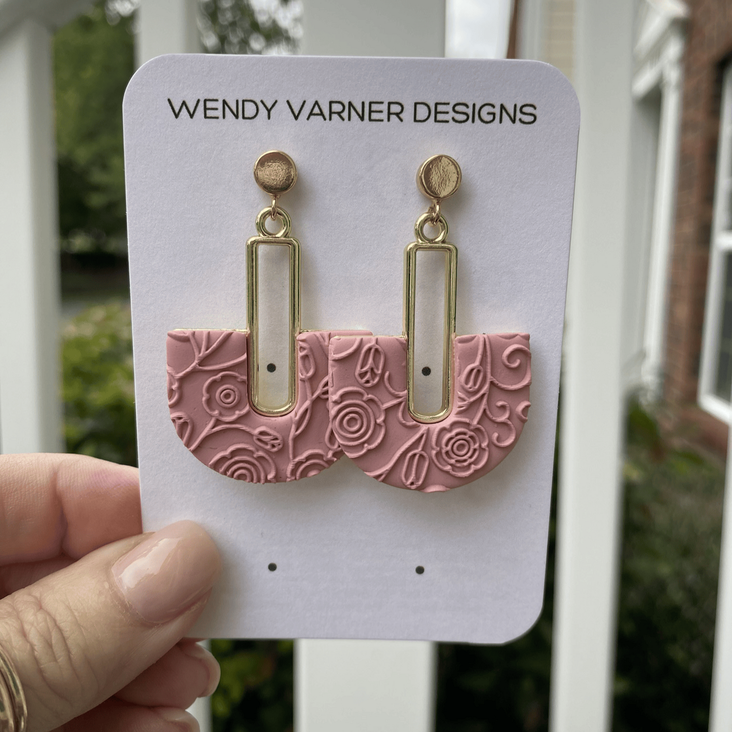Pink textured half-moon polymer clay earrings with gold-tone rectangular accents, handmade in Charlotte NC