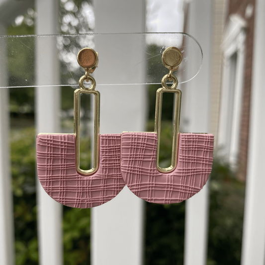 Pink textured half-moon polymer clay earrings with gold-tone rectangular accents, handmade in Charlotte NC
