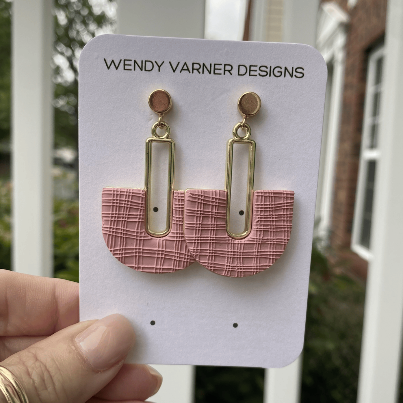 Pink textured half-moon polymer clay earrings with gold-tone rectangular accents, handmade in Charlotte NC