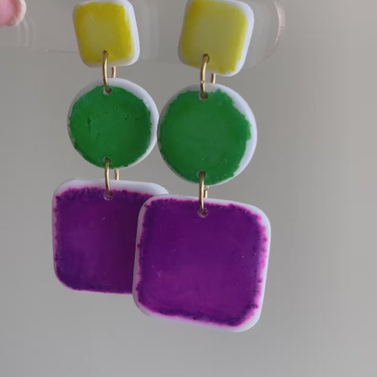 Drake polymer clay earrings with bold yellow, green, and purple brushstrokes from The Brush Stroke collection