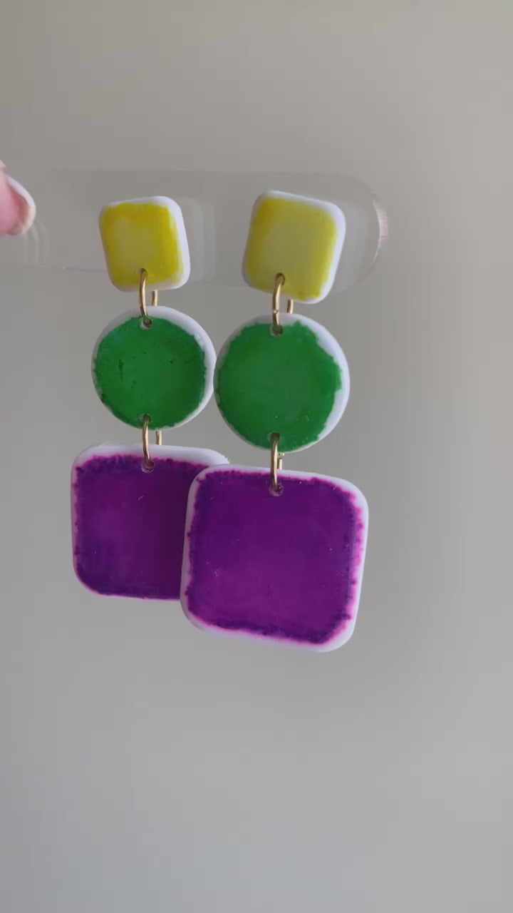 Drake polymer clay earrings with bold yellow, green, and purple brushstrokes from The Brush Stroke collection