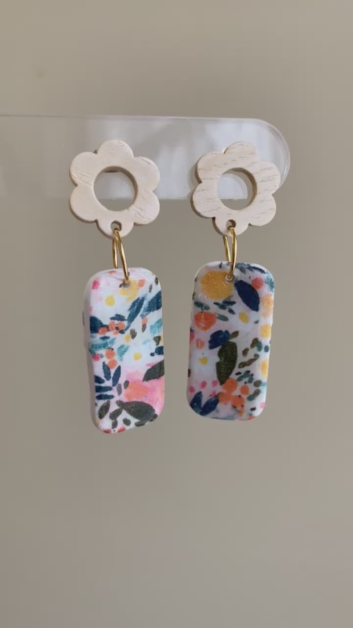 Summertime orange / yellow / blue tropical floral polymer clay dangle earrings