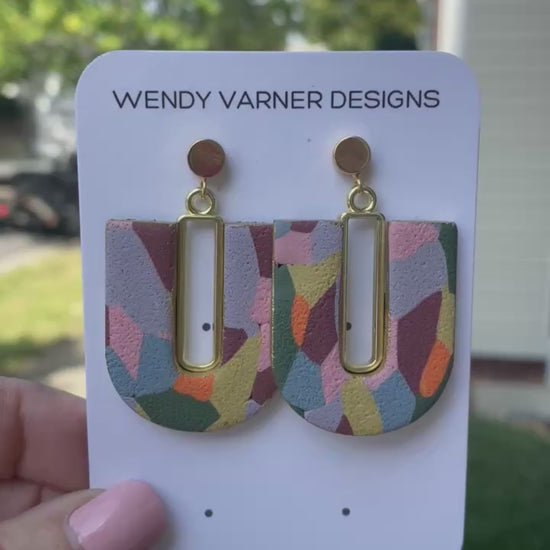 Handmade multicolored arch polymer clay earrings displayed on earring card – Wendy Varner Designs