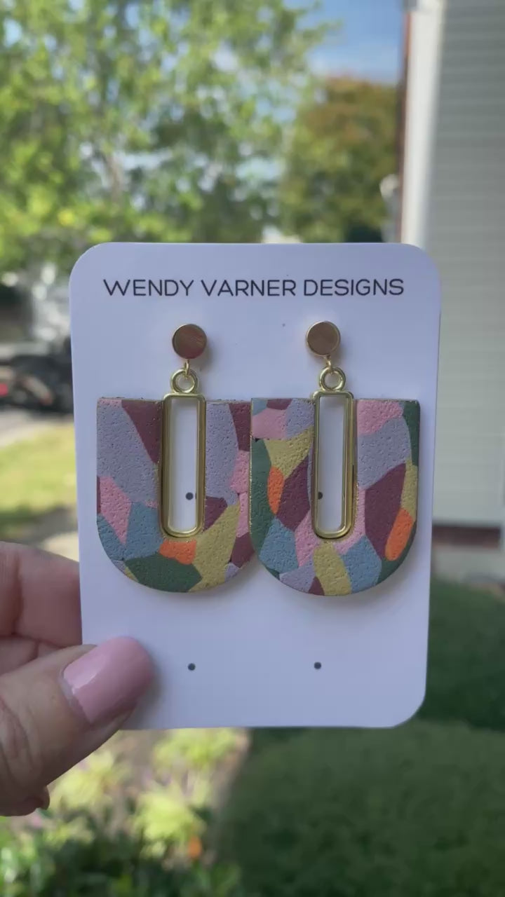 Handmade multicolored arch polymer clay earrings displayed on earring card – Wendy Varner Designs