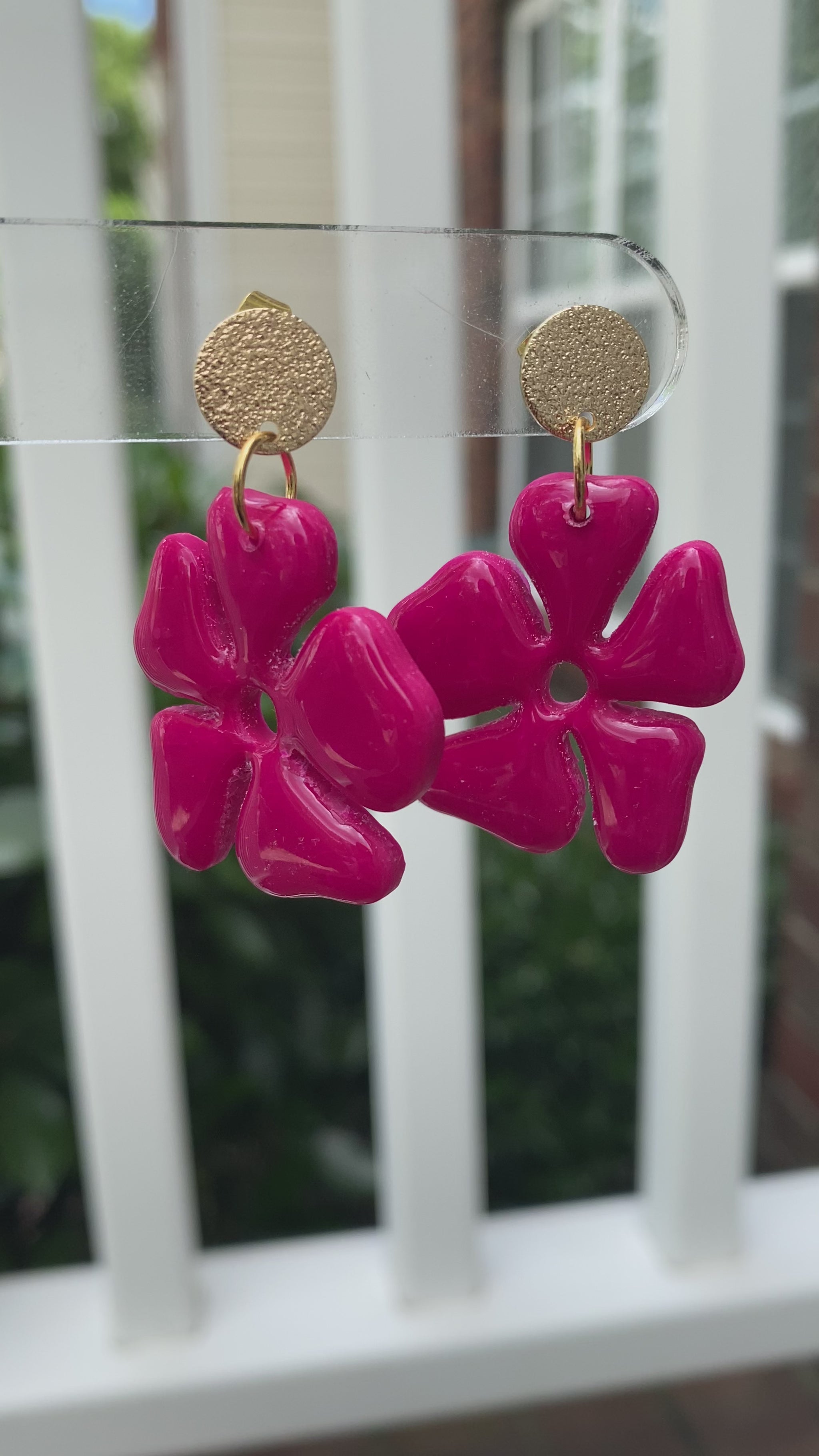 Fuchsia pink hibiscus flower polymer clay dangle earrings