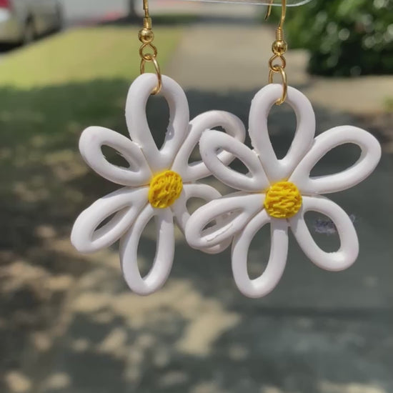 White flower daisy with yellow center polymer clay dangle earrings
