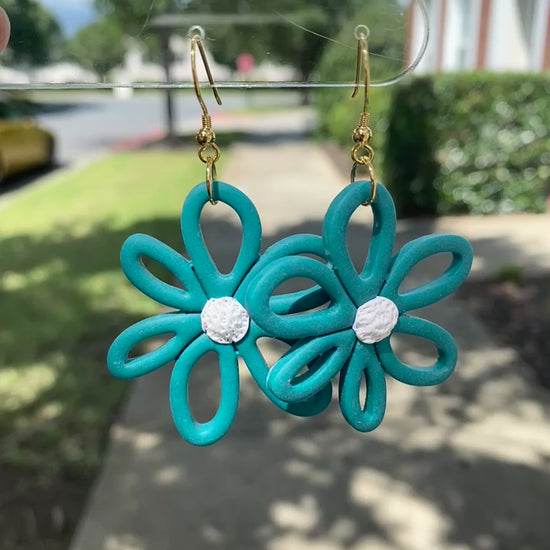 Sea glass blue colored flower daisy polymer clay dangle earrings