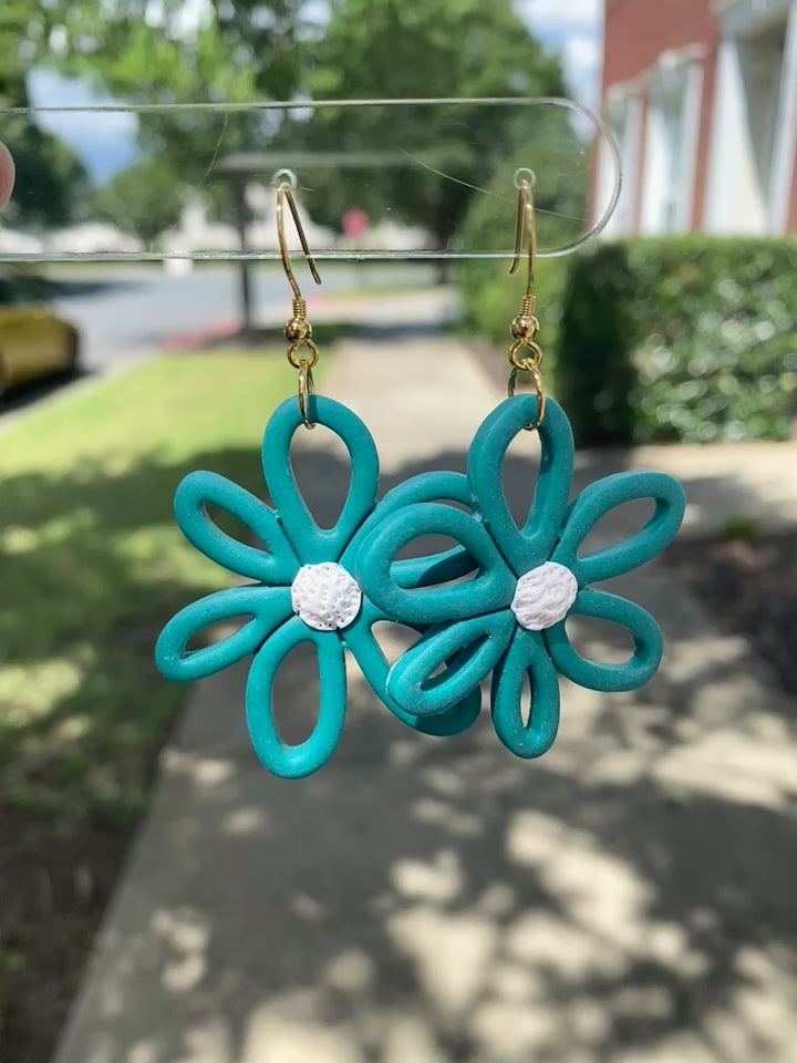 Sea glass blue colored flower daisy polymer clay dangle earrings