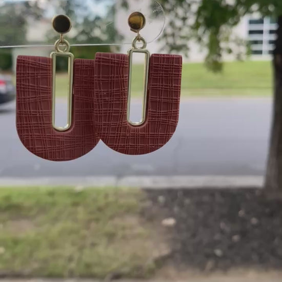 Handmade terra cotta arch polymer clay earrings with gold accents on card by Wendy Varner Designs