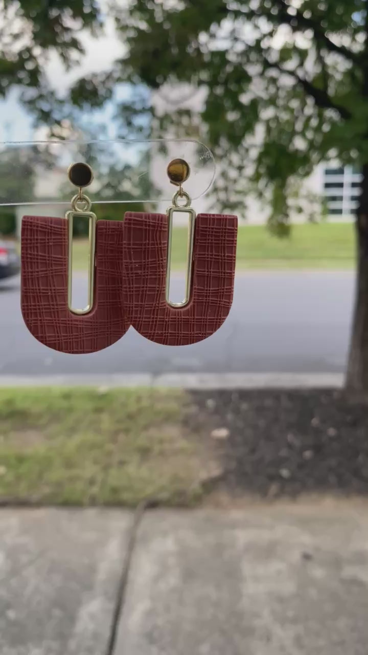 Handmade terra cotta arch polymer clay earrings with gold accents on card by Wendy Varner Designs