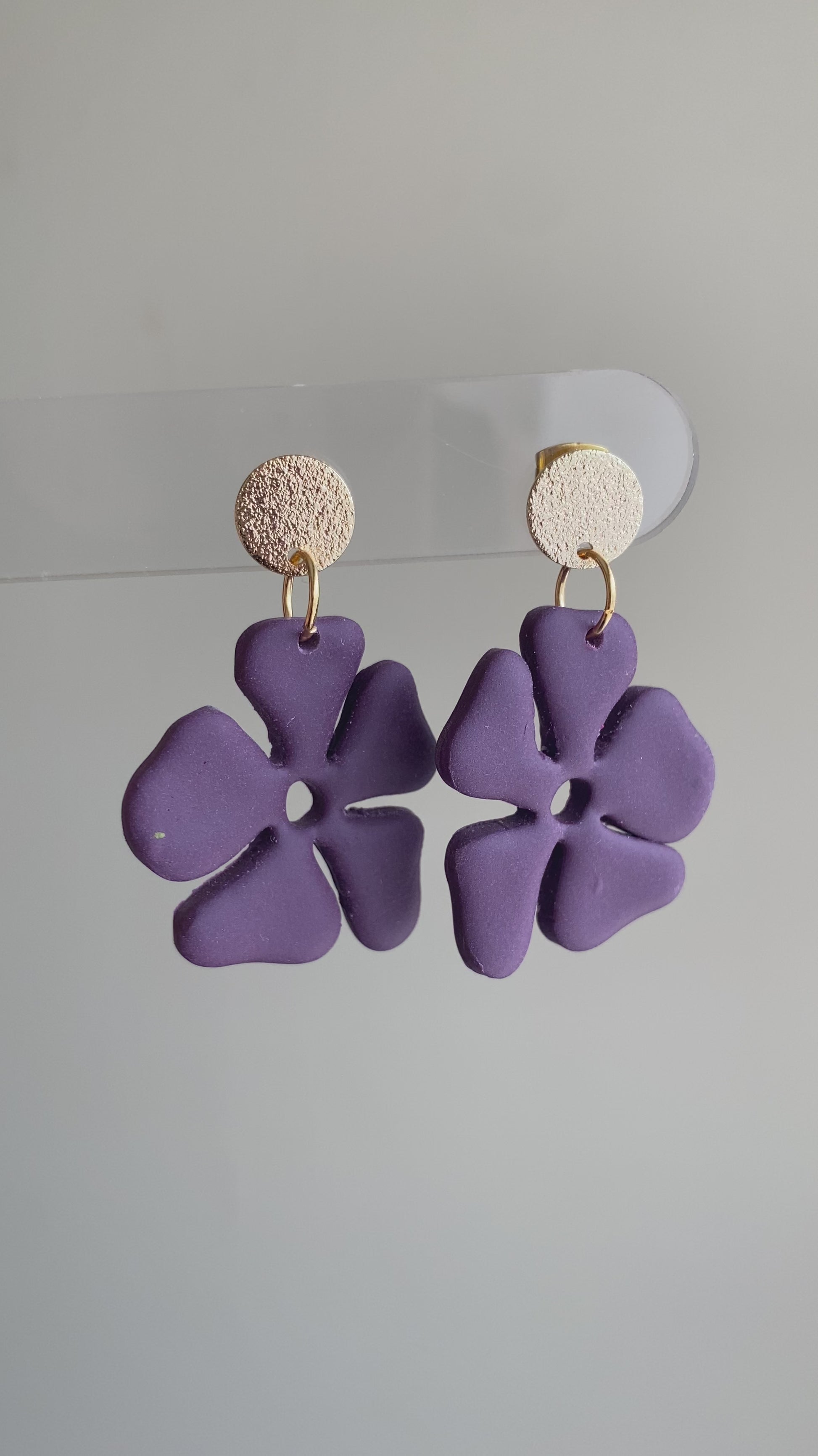 Eggplant purple hibiscus flower polymer clay dangle earrings