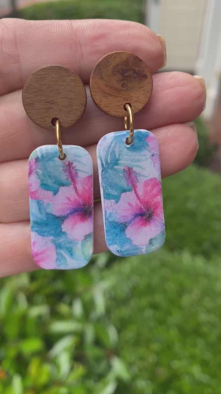 Summertime blue / pink / turquoise blue tropical floral polymer clay dangle earrings