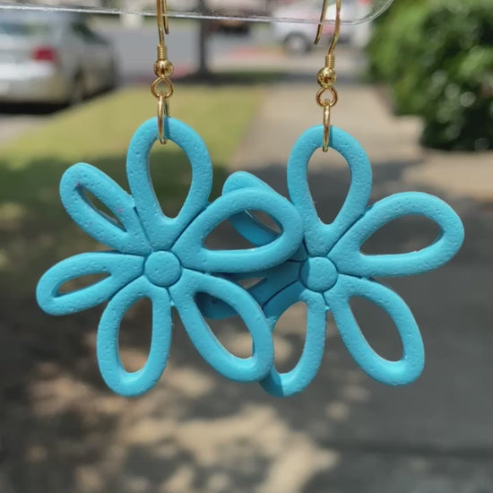 turquoise blue colored flower daisy polymer clay dangle earrings