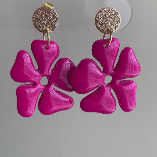 Fuchsia pink hibiscus flower polymer clay dangle earrings
