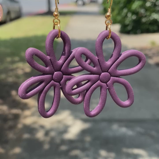 eggplant colored flower daisy polymer clay dangle earrings