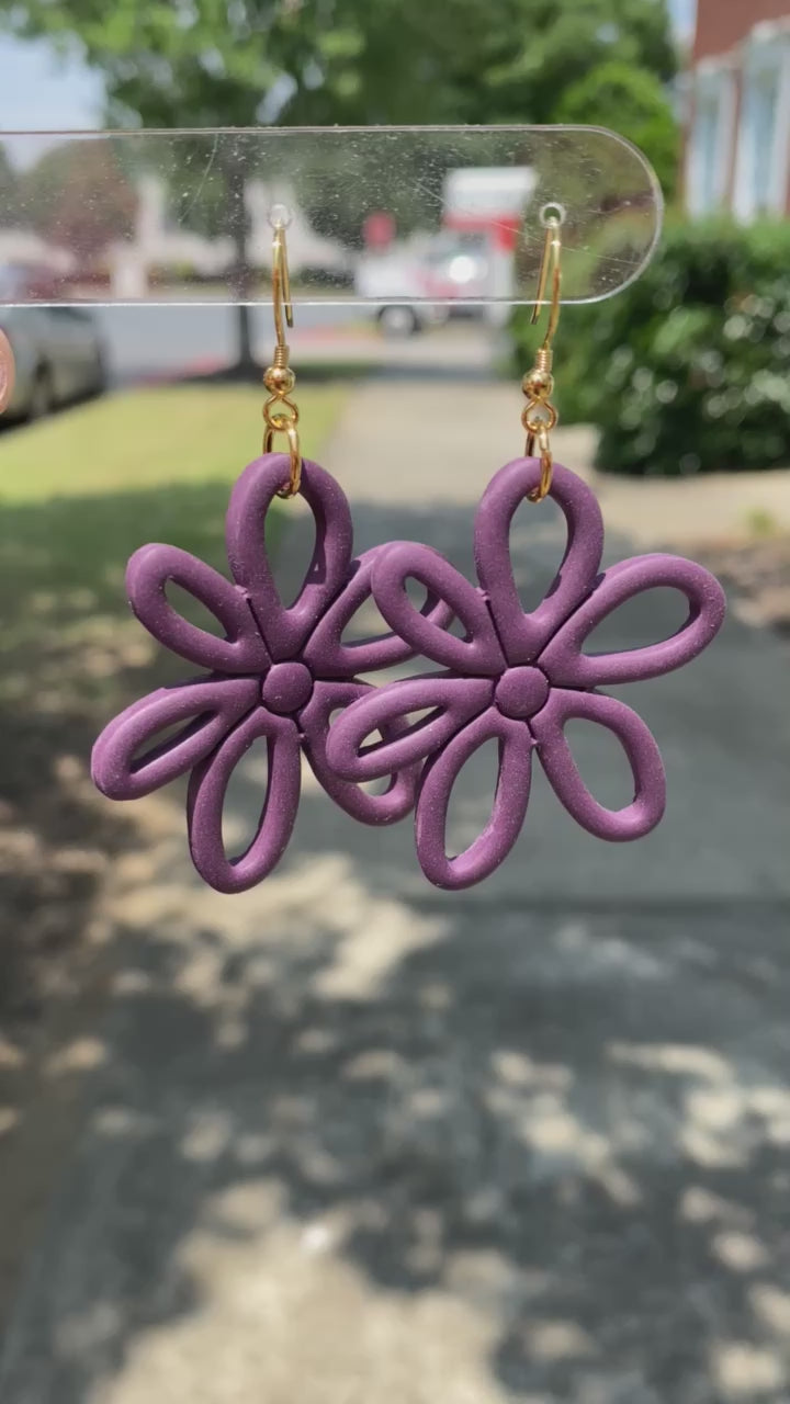 eggplant colored flower daisy polymer clay dangle earrings