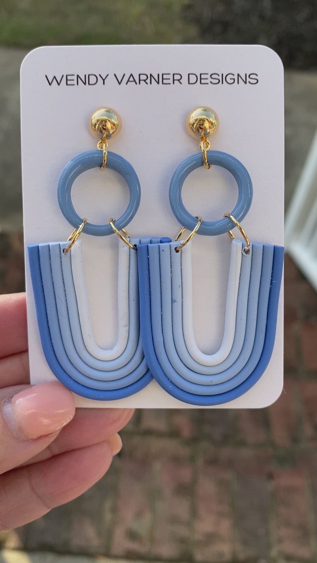 Spring Inspired Blue Ombre Rainbow Arch earrings made from polymer clay #0010 by Wendy Varner Designs 