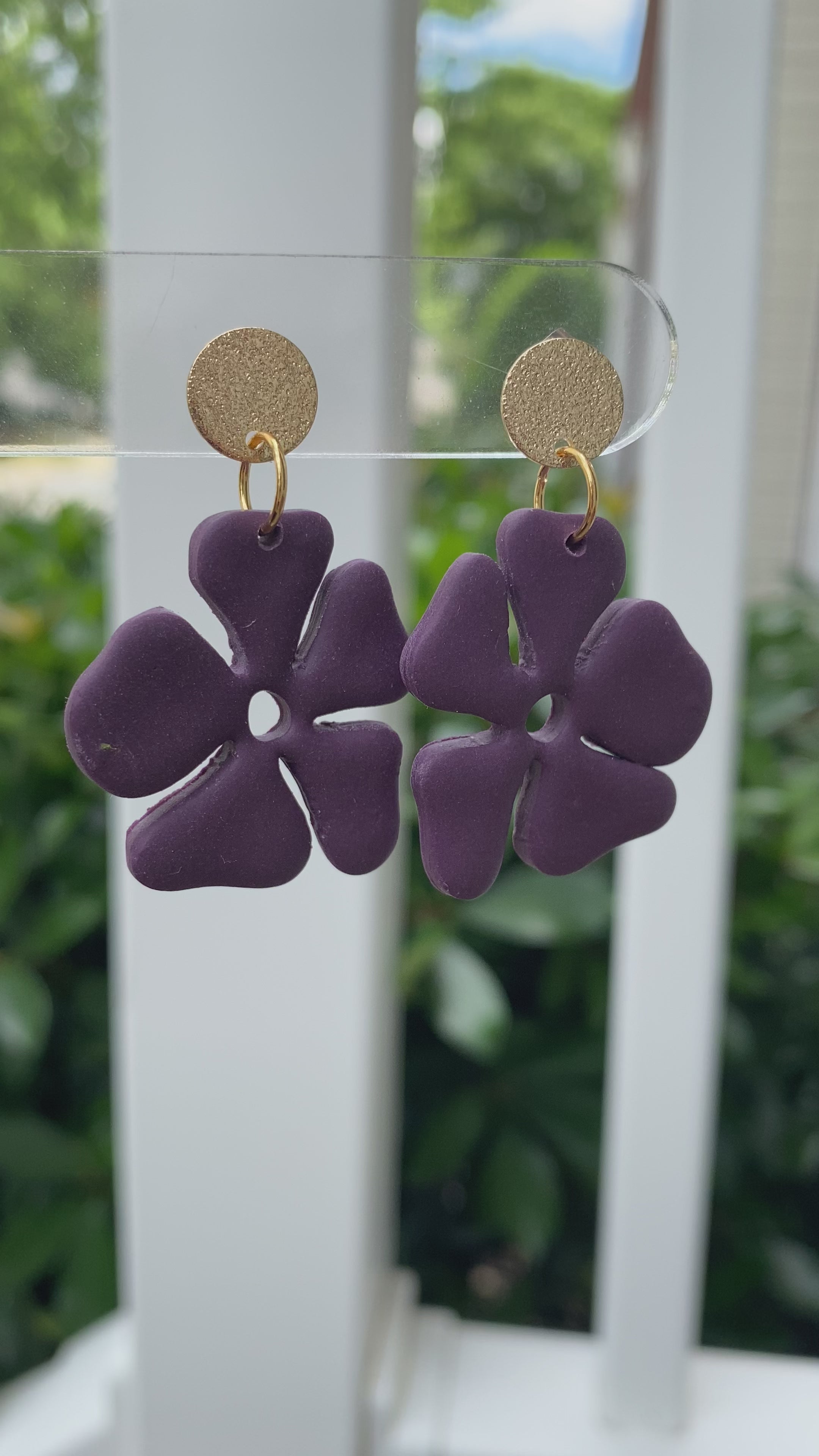 Eggplant Purple Hibiscus Polymer Clay Dangle Earrings | Handmade