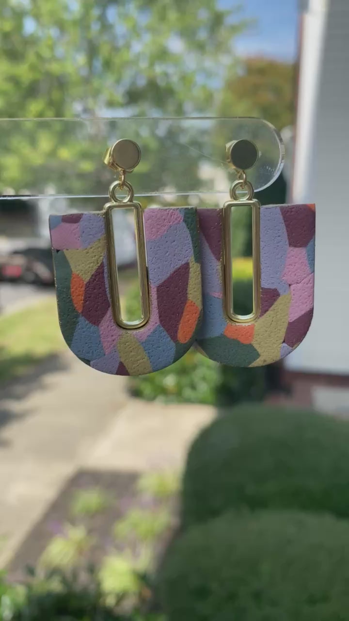 Autumn inspired hand-painted arch polymer clay earrings with gold accents – Wendy Varner Designs Charlotte NC