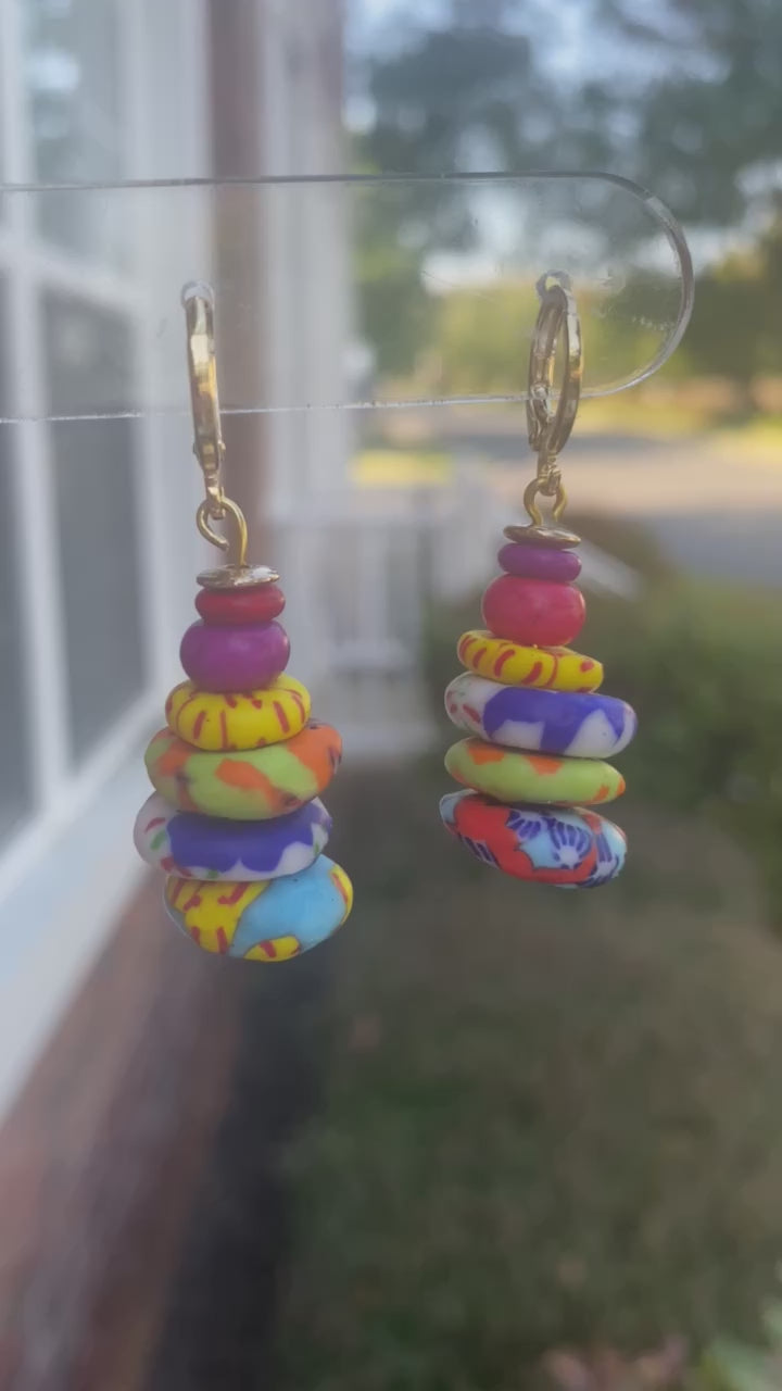 Carmen polymer clay earrings with vibrant color stacks from The Brush Stroke collection