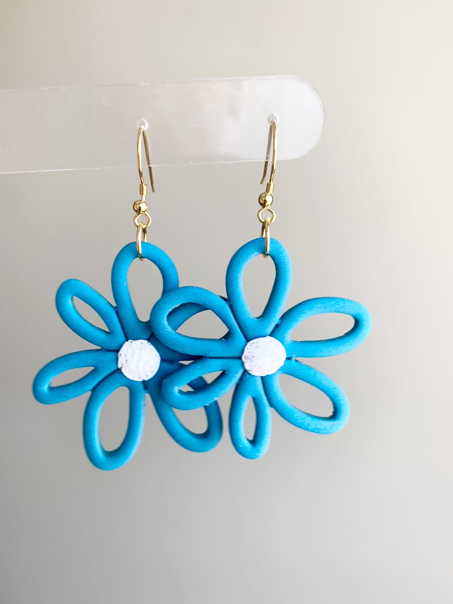 Sea glass blue colored flower daisy polymer clay dangle earrings