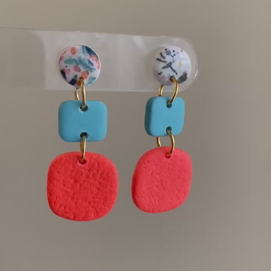 orange / yellow / blue tropical floral polymer clay dangle earrings