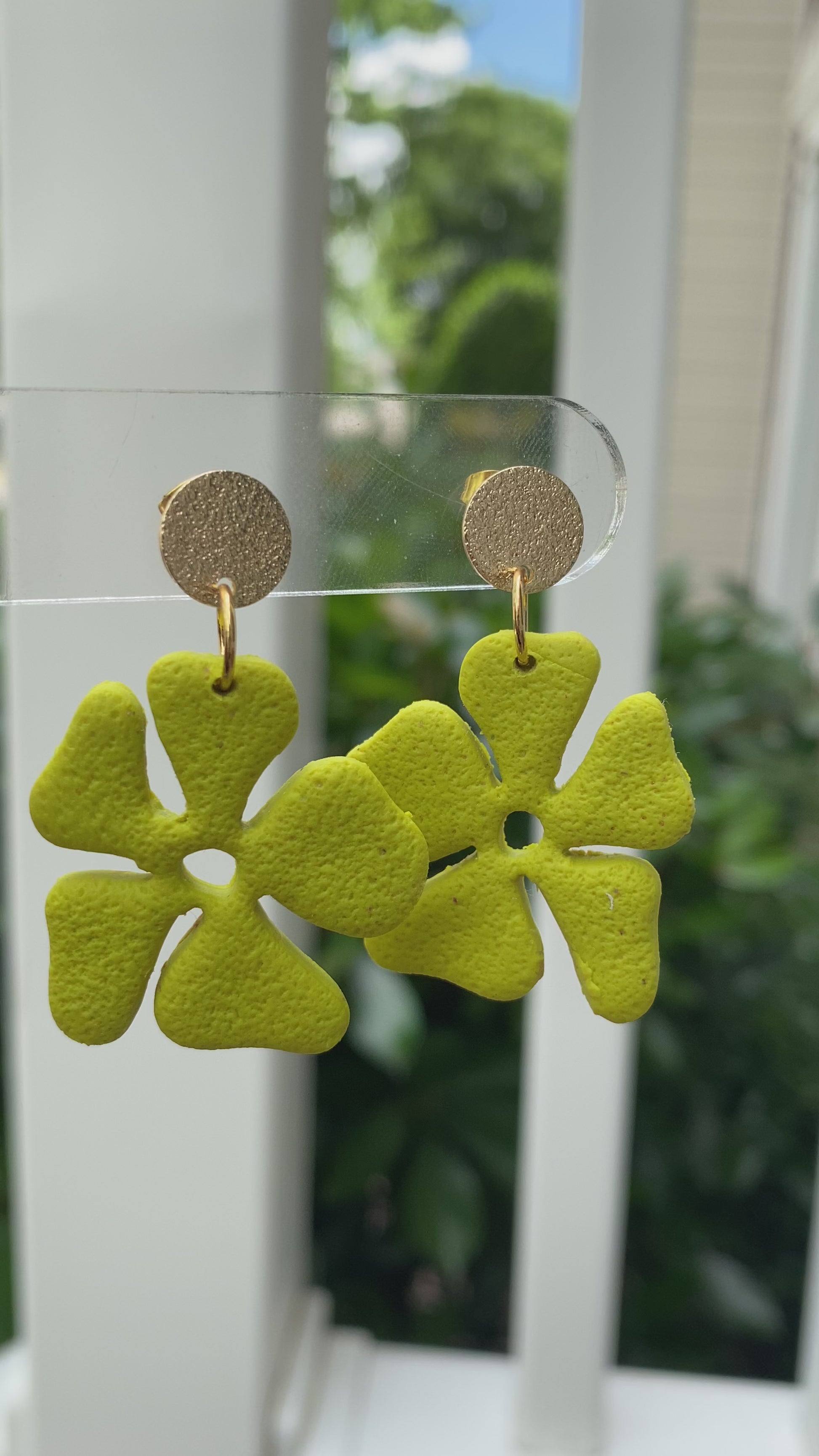Citron yellow hibiscus flower polymer clay dangle earrings
