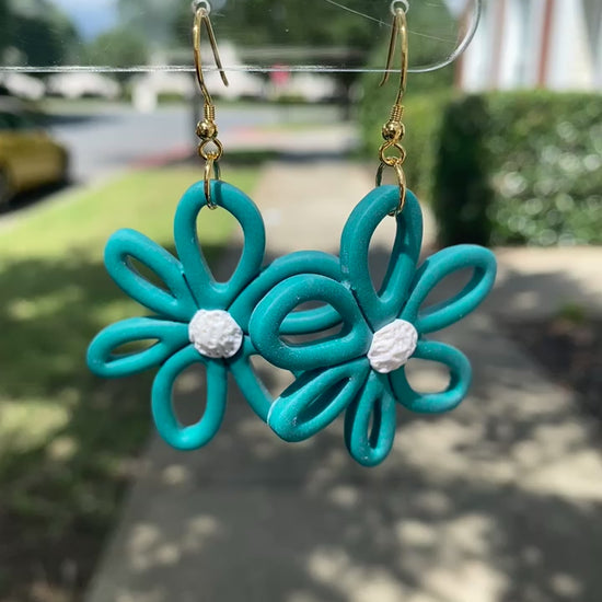 Sea glass blue colored flower daisy polymer clay dangle earrings