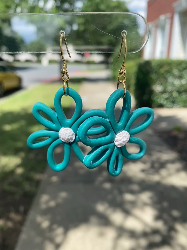 Sea glass blue colored flower daisy polymer clay dangle earrings