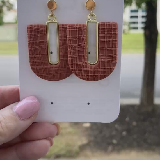 Lightweight polymer clay terra cotta arch earrings with modern crosshatch texture