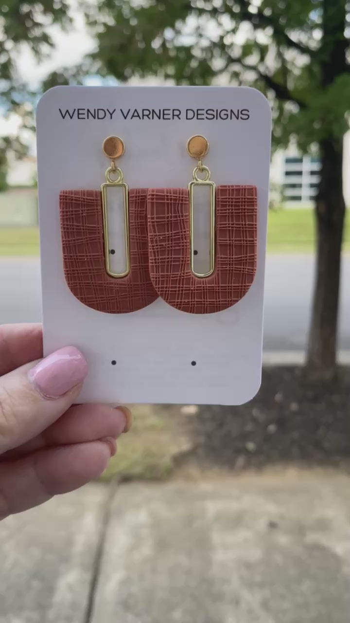 Lightweight polymer clay terra cotta arch earrings with modern crosshatch texture