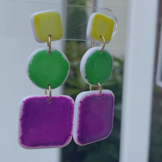 Drake polymer clay earrings with bold yellow, green, and purple brushstrokes from The Brush Stroke collection