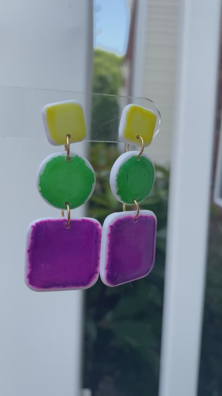 Drake polymer clay earrings with bold yellow, green, and purple brushstrokes from The Brush Stroke collection