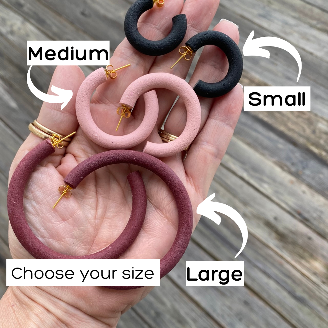 polymer clay textured hoop earrings in a variety of colors and sizes