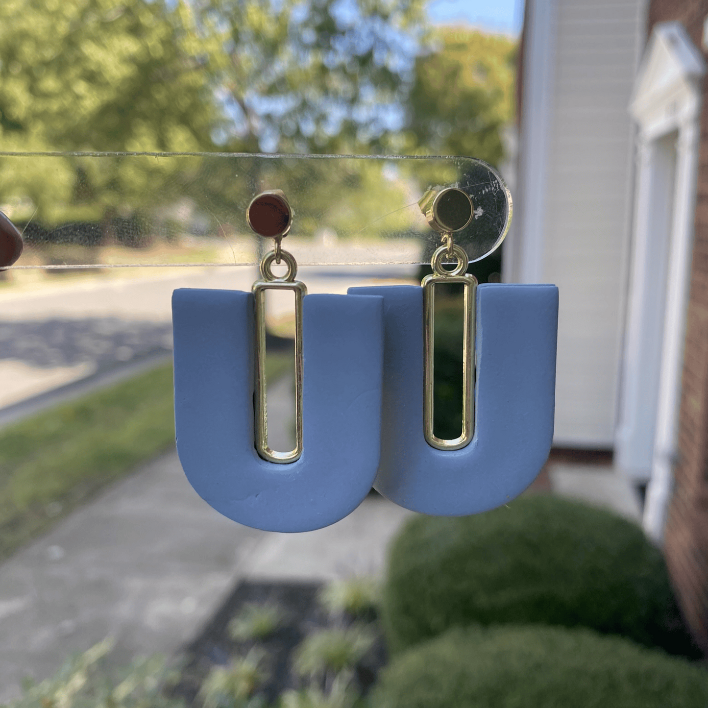 Steel Blue U-Arch Polymer Clay Earrings on display card by Wendy Varner Designs