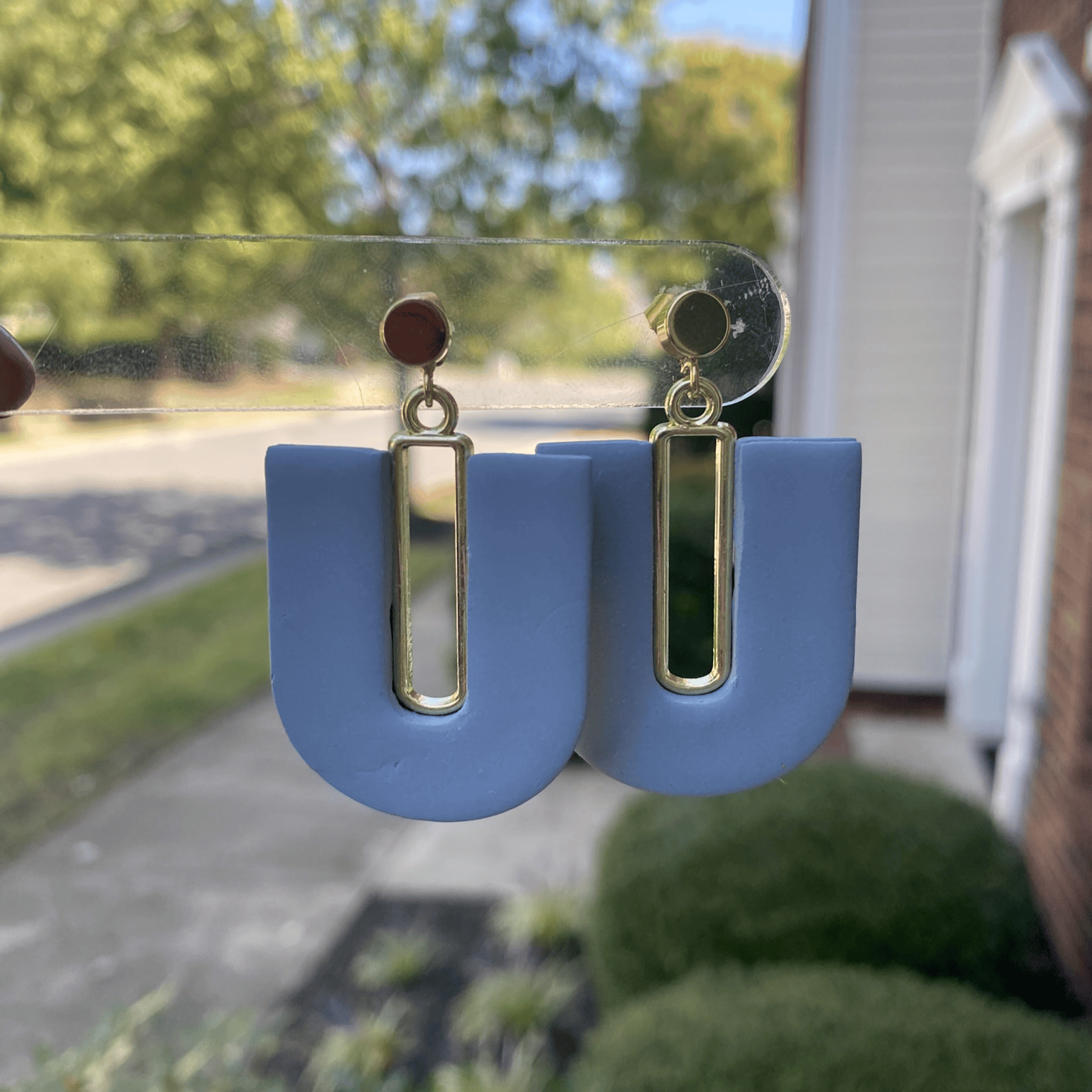 Steel Blue U-Arch Polymer Clay Earrings on display card by Wendy Varner Designs