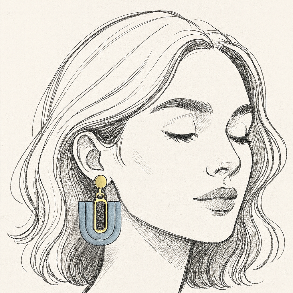 Sketch-style illustration of a woman wearing steel blue U-arch polymer clay earrings with gold-plated accents.