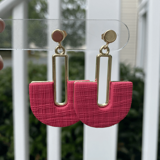 Handmade Strawberry Red half-arch polymer clay earrings with gold geometric connector – lightweight statement jewelry.