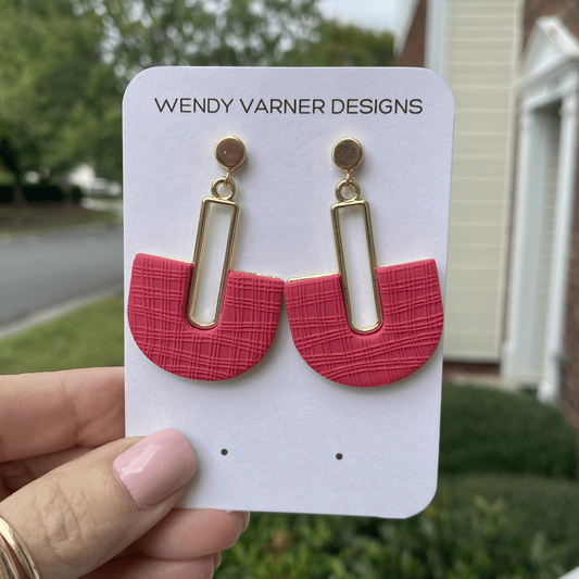 Handmade Strawberry Red half-arch polymer clay earrings with gold geometric connector – lightweight statement jewelry.