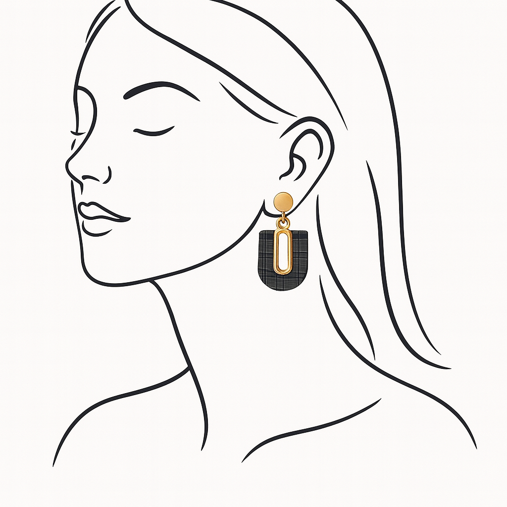 Minimalist sketch of a woman wearing black plaid arch polymer clay earrings with gold-plated accents by Wendy Varner Designs.
