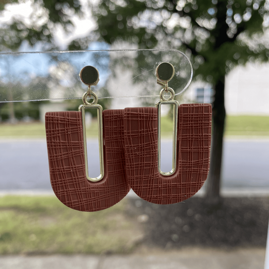 Lightweight polymer clay terra cotta arch earrings with modern crosshatch texture